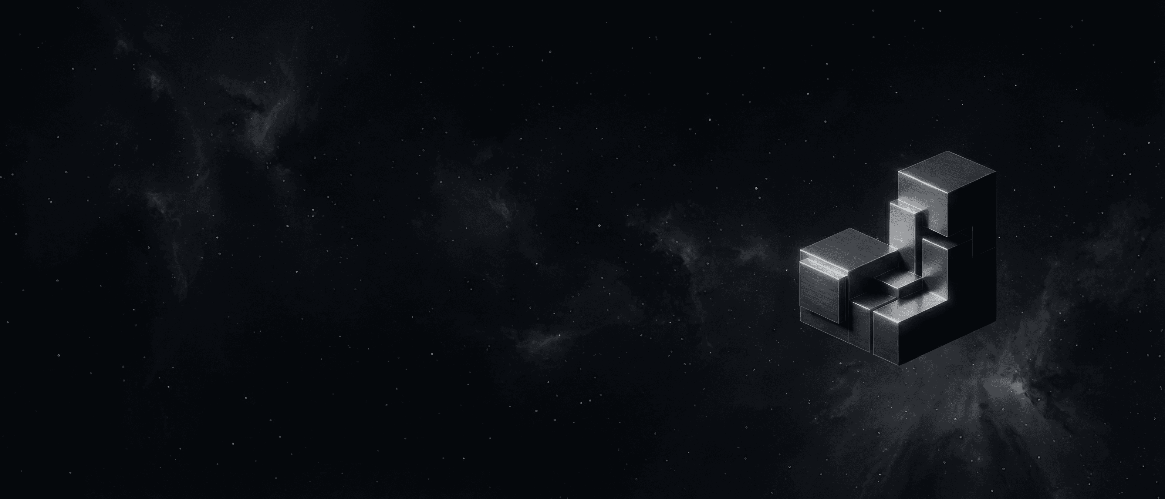 Jedidiah Digital logo – abstract metallic 3D geometric blocks on a dark starry space background