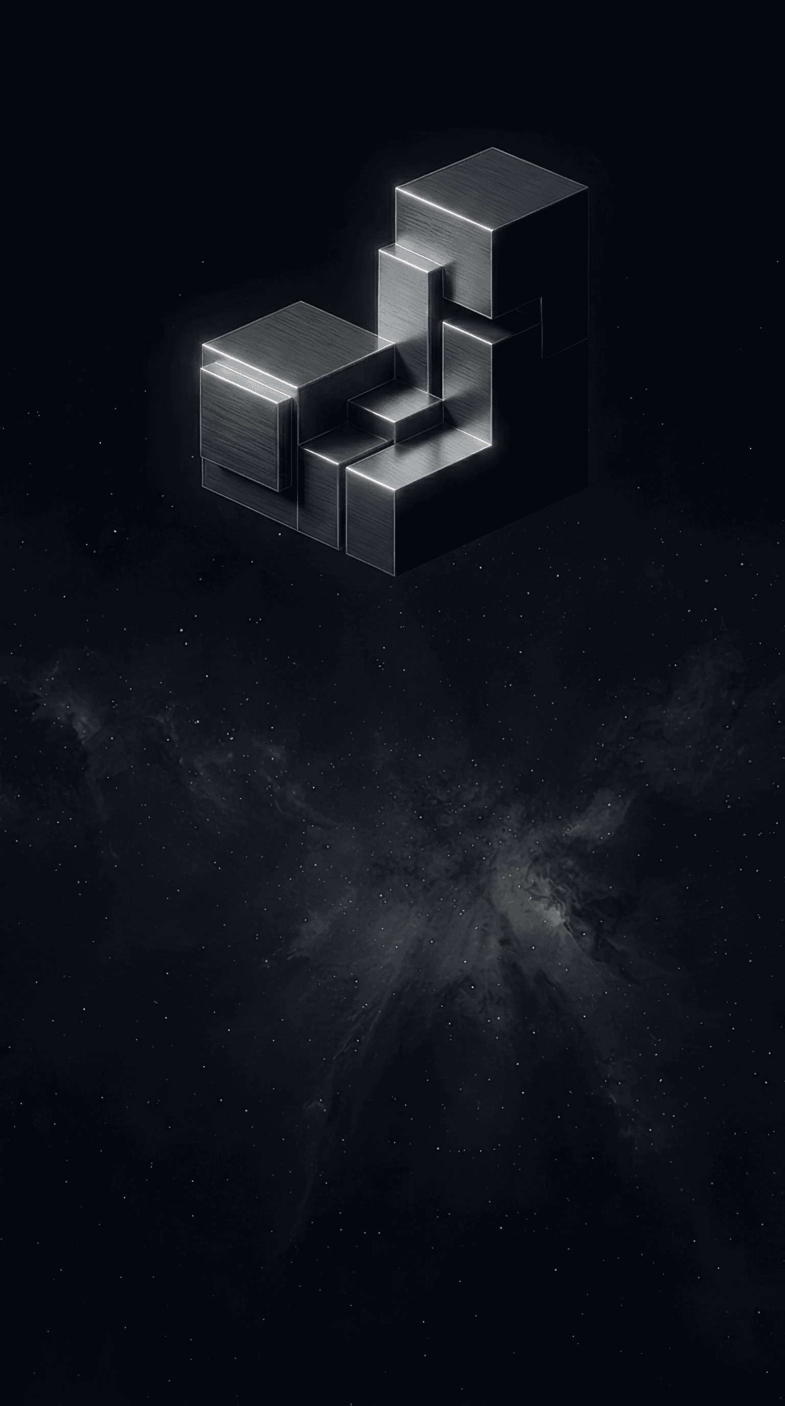 Jedidiah Digital logo – abstract metallic 3D geometric blocks on a dark starry space background