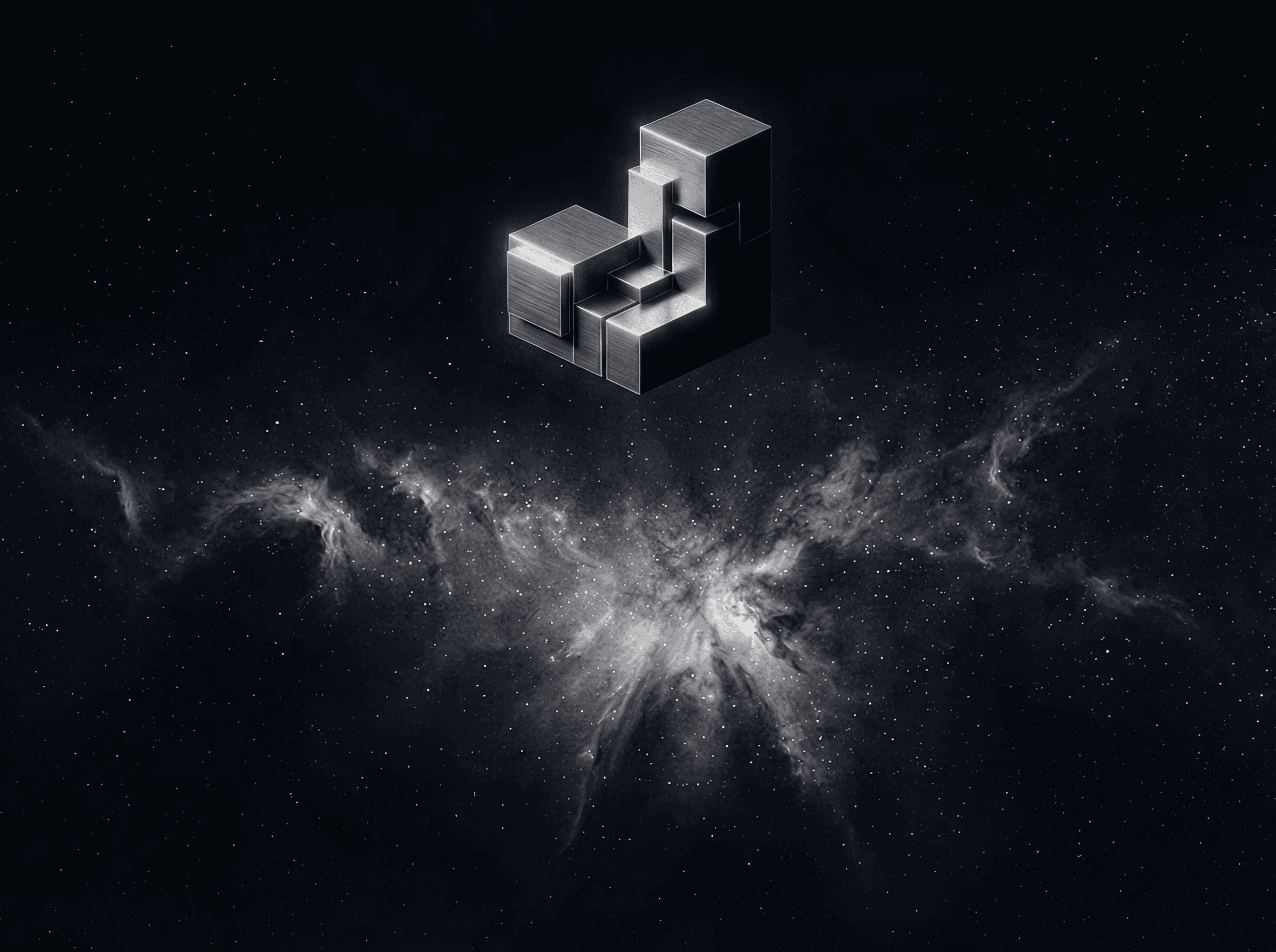 Jedidiah Digital logo – abstract metallic 3D geometric blocks on a dark starry space background